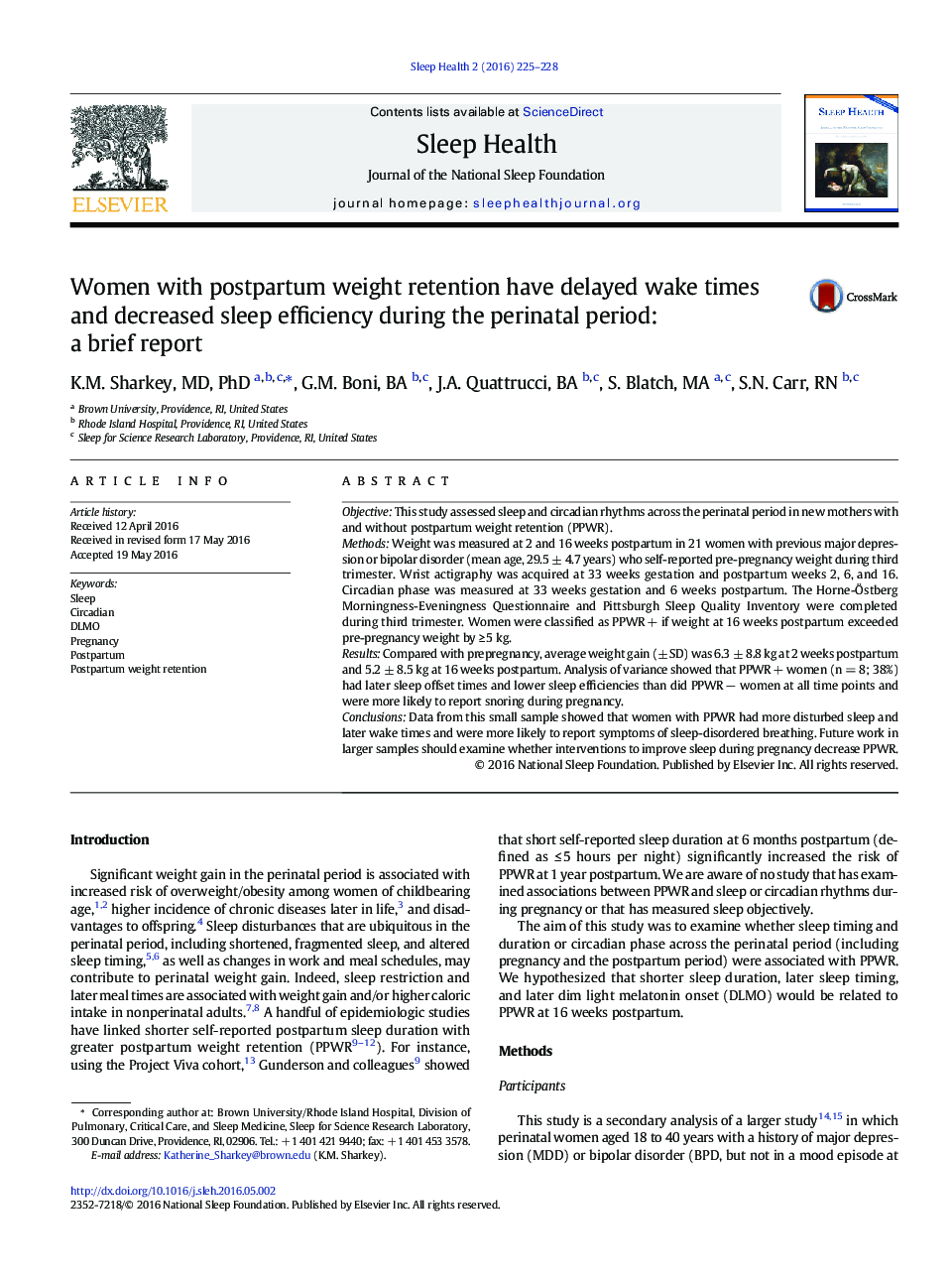 Women with postpartum weight retention have delayed wake times and decreased sleep efficiency during the perinatal period: a brief report