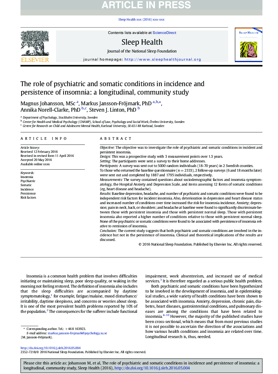The role of psychiatric and somatic conditions in incidence and persistence of insomnia: a longitudinal, community study