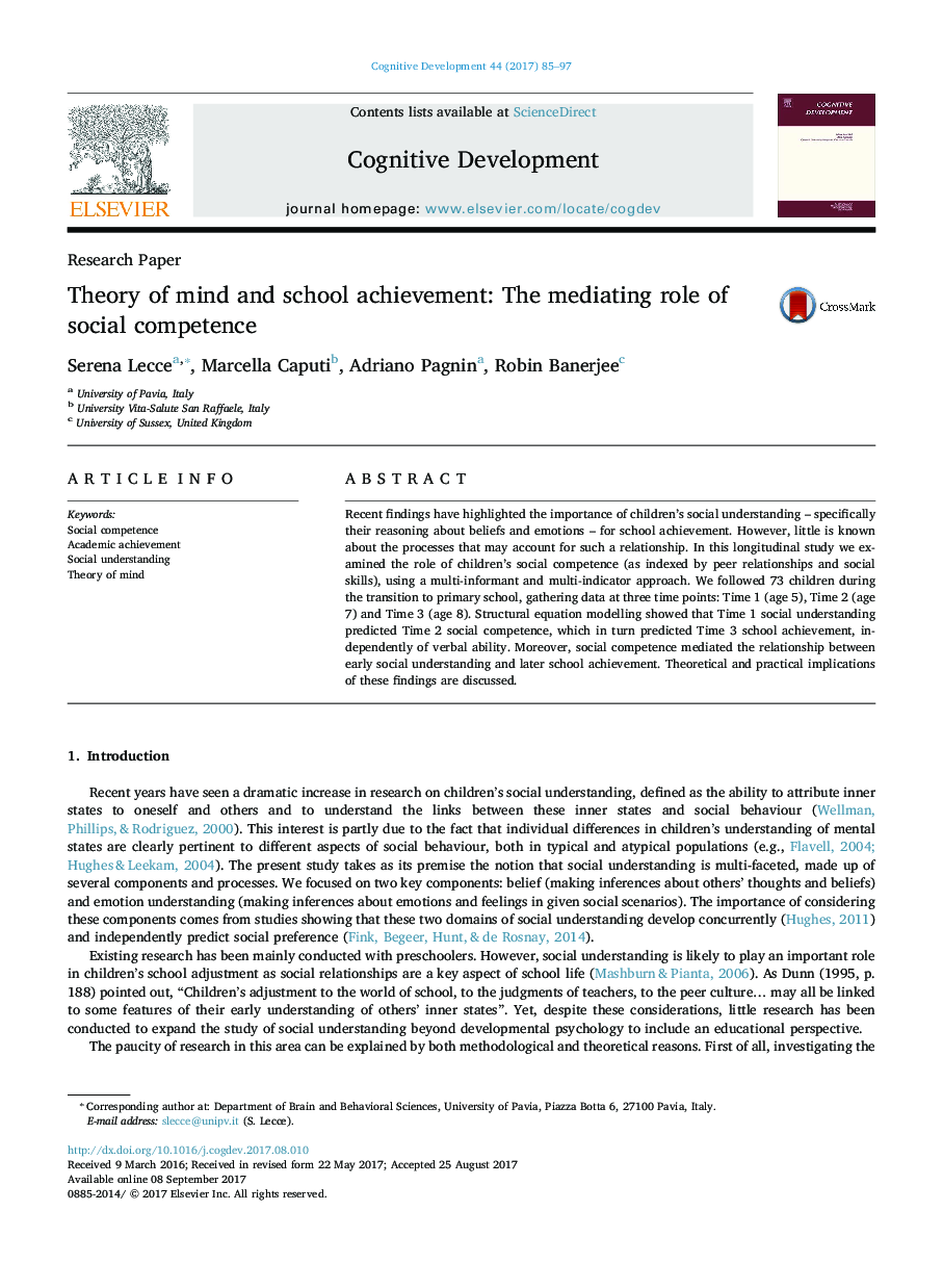 Theory of mind and school achievement: The mediating role of social competence