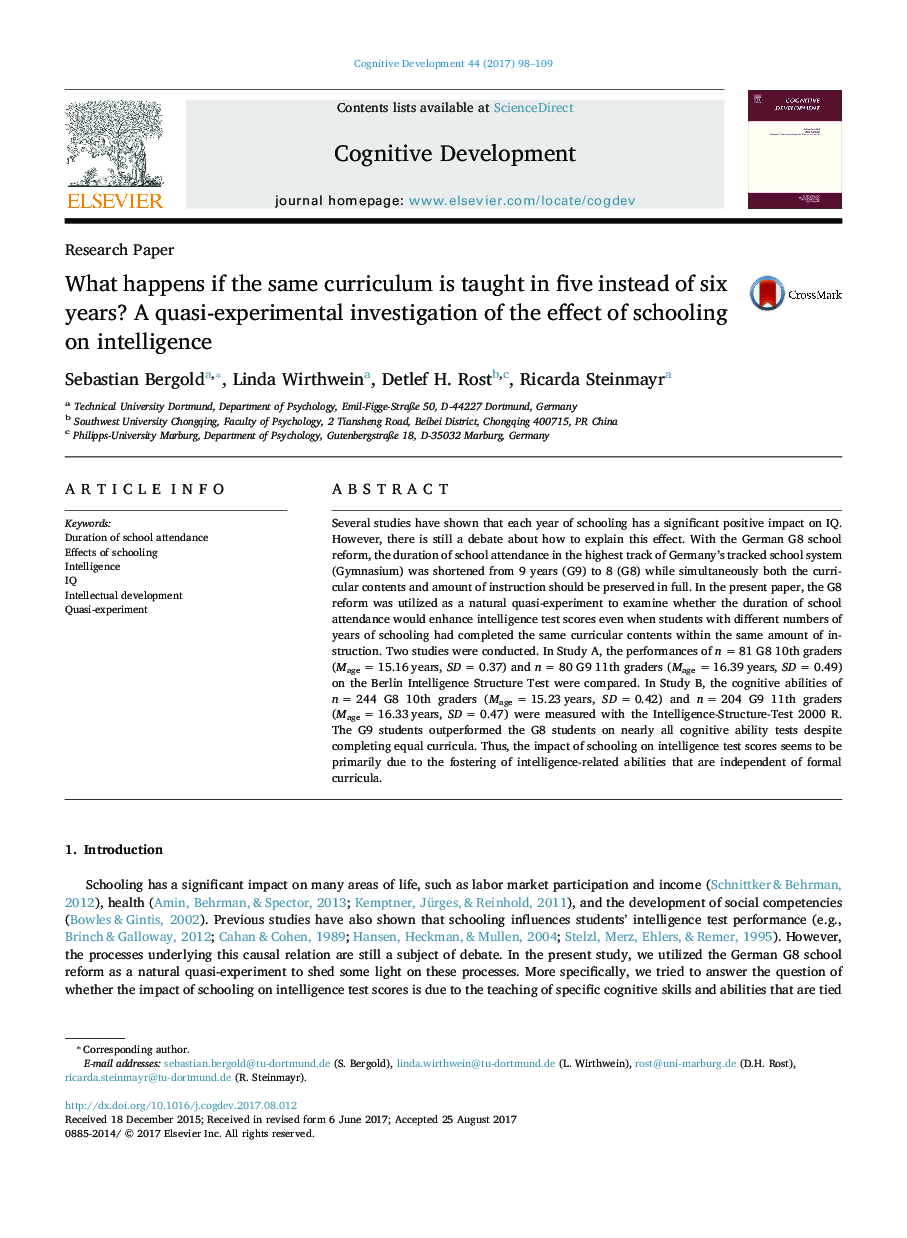 What happens if the same curriculum is taught in five instead of six years? A quasi-experimental investigation of the effect of schooling on intelligence