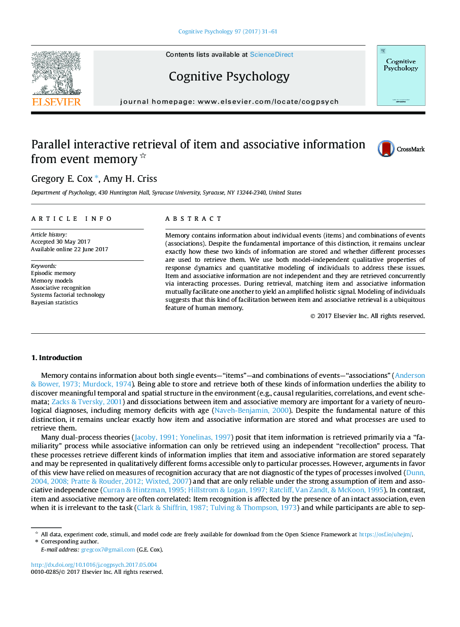 Parallel interactive retrieval of item and associative information from event memory