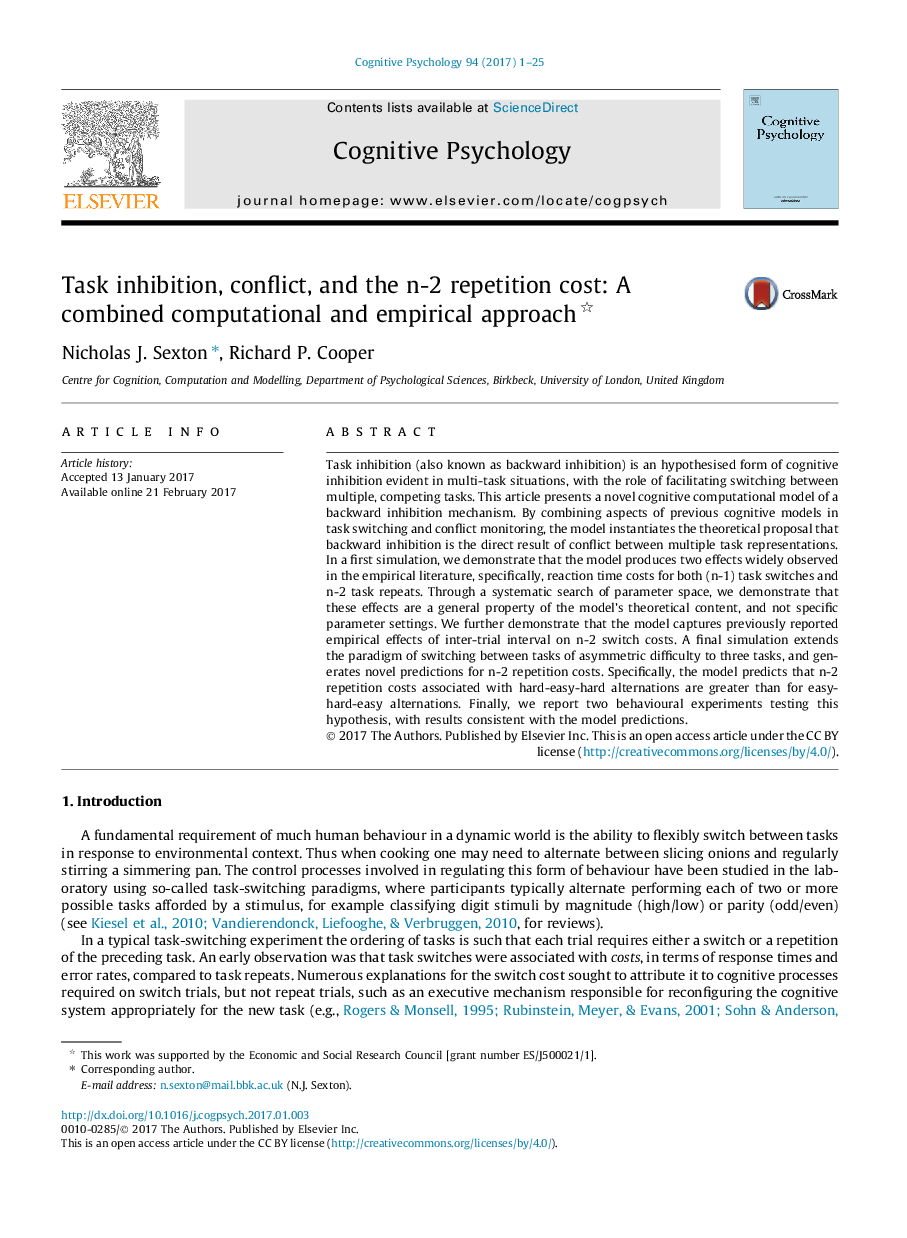 Task inhibition, conflict, and the n-2 repetition cost: A combined computational and empirical approach