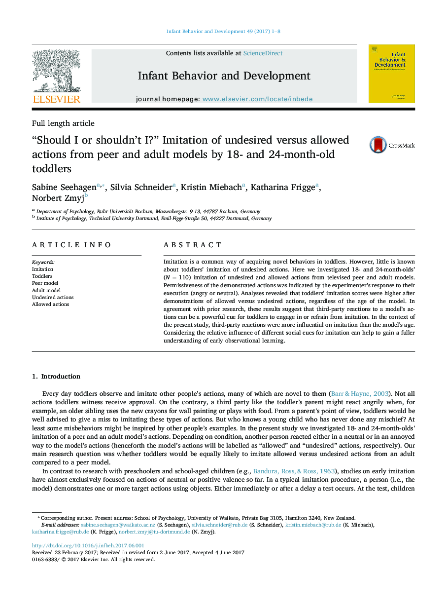 “Should I or shouldn't I?” Imitation of undesired versus allowed actions from peer and adult models by 18- and 24-month-old toddlers