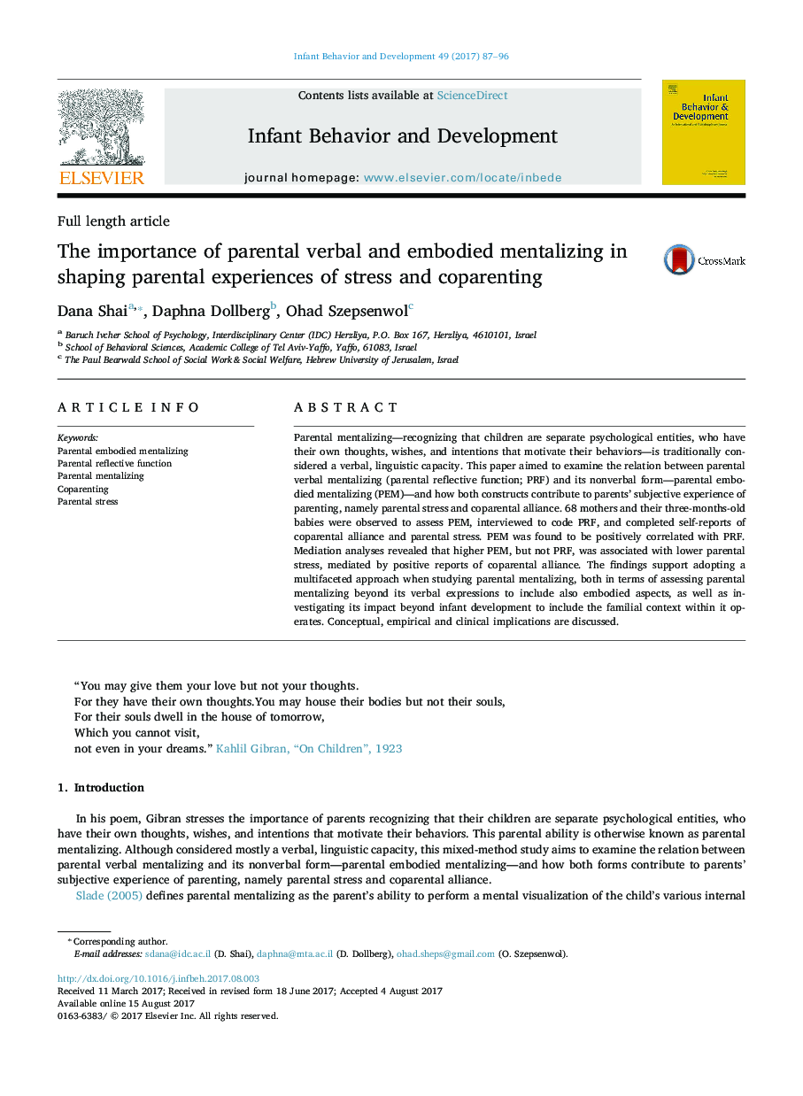 Full length articleThe importance of parental verbal and embodied mentalizing in shaping parental experiences of stress and coparenting