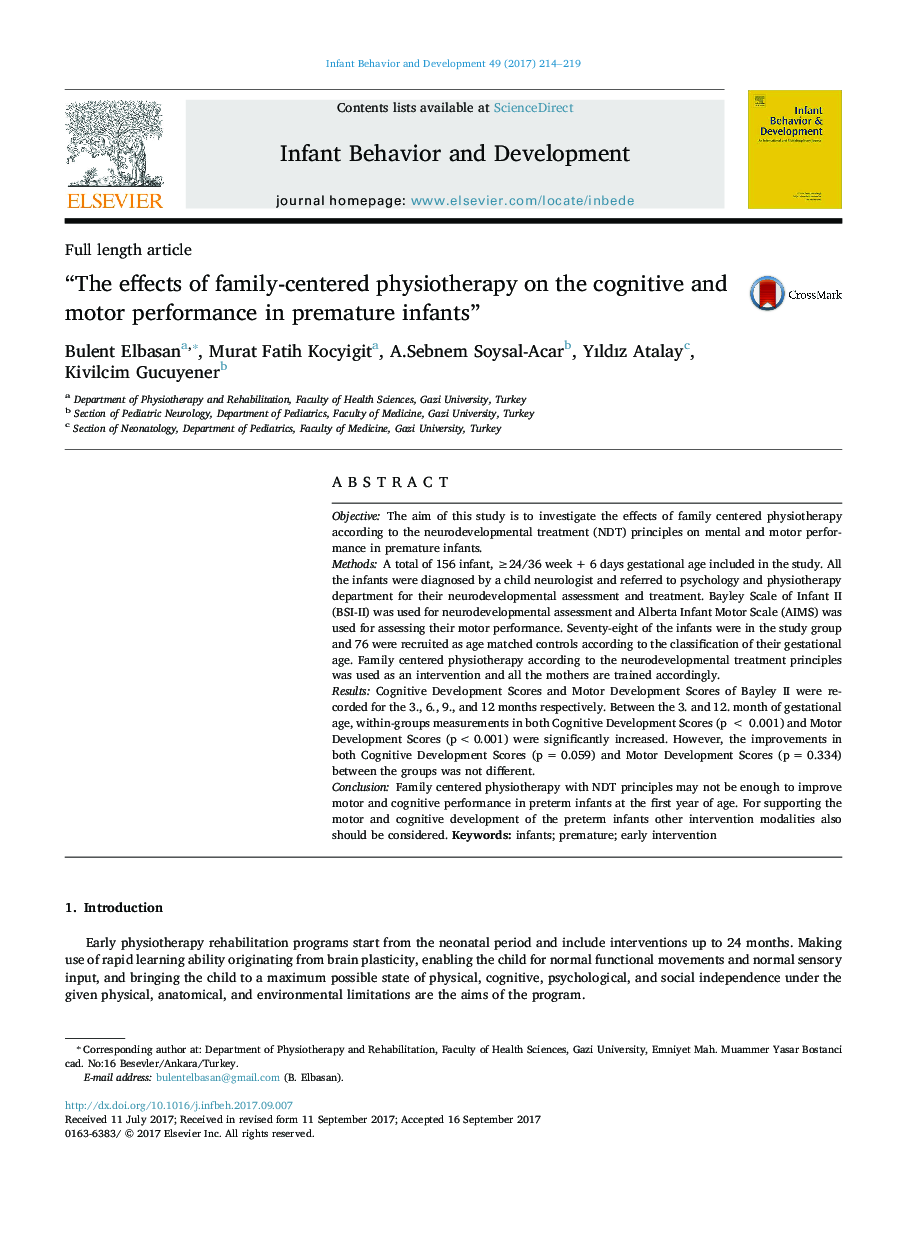 “The effects of family-centered physiotherapy on the cognitive and motor performance in premature infants”