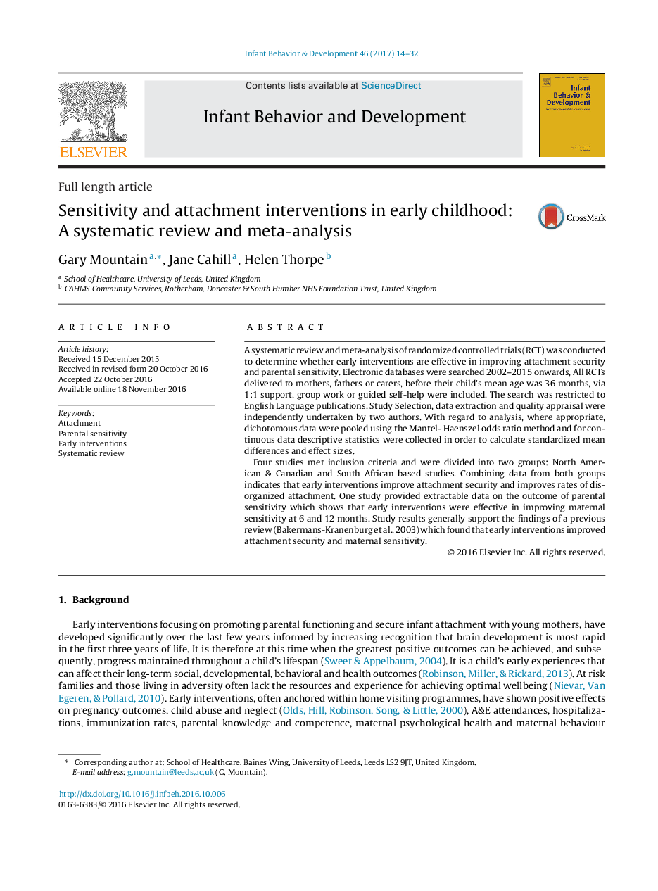 Sensitivity and attachment interventions in early childhood: A systematic review and meta-analysis