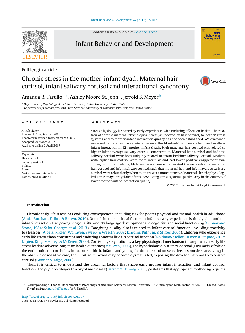 Chronic stress in the mother-infant dyad: Maternal hair cortisol, infant salivary cortisol and interactional synchrony