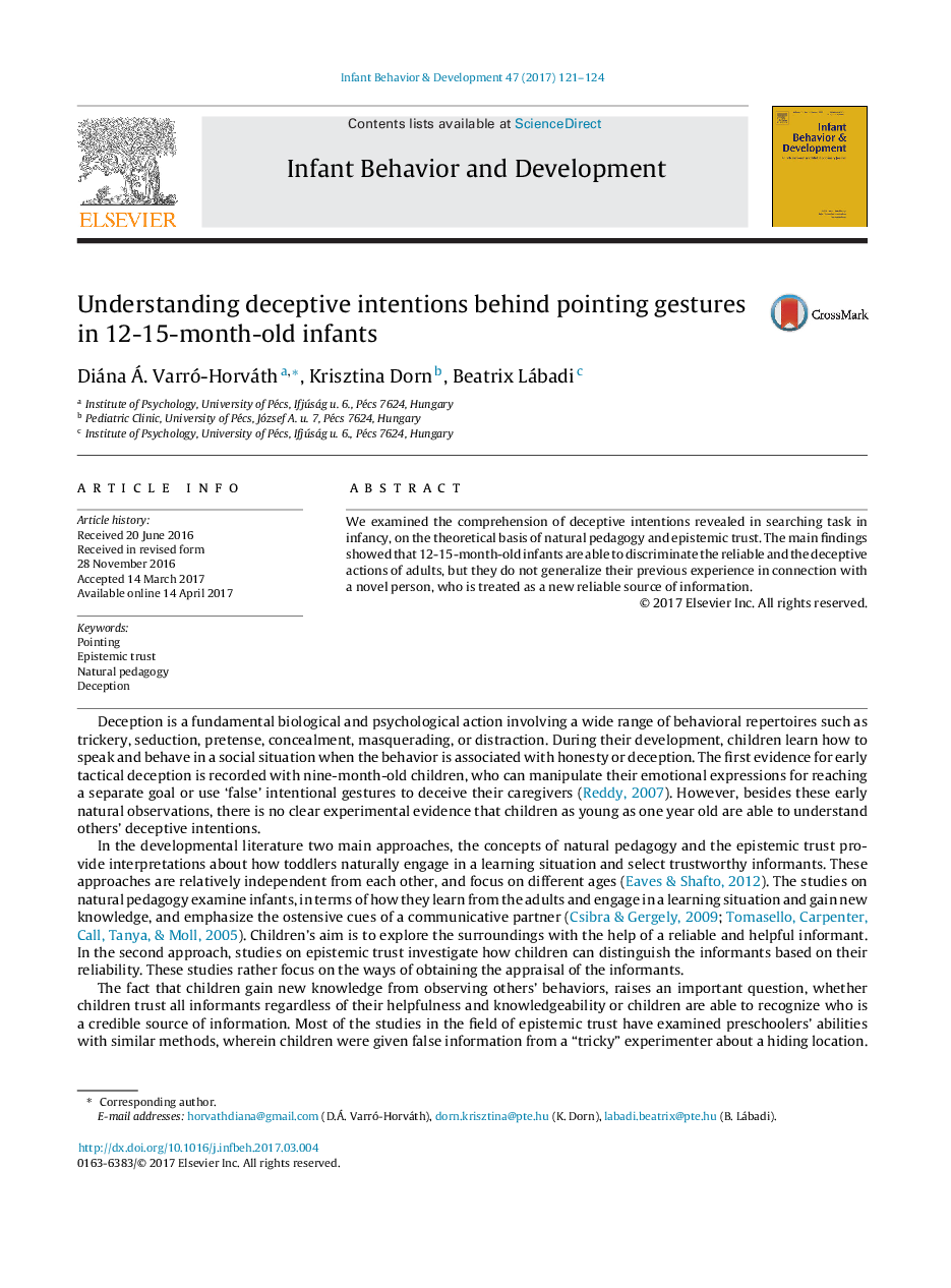 Understanding deceptive intentions behind pointing gestures in 12-15-month-old infants