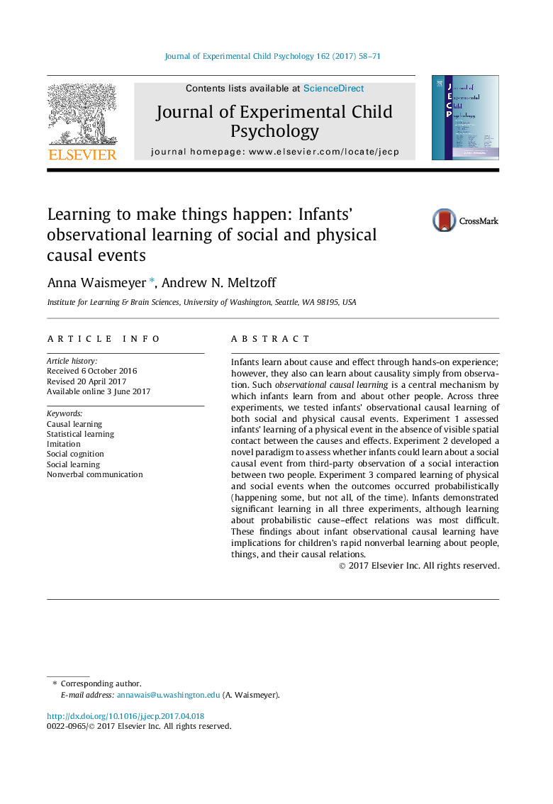 Learning to make things happen: Infants’ observational learning of social and physical causal events