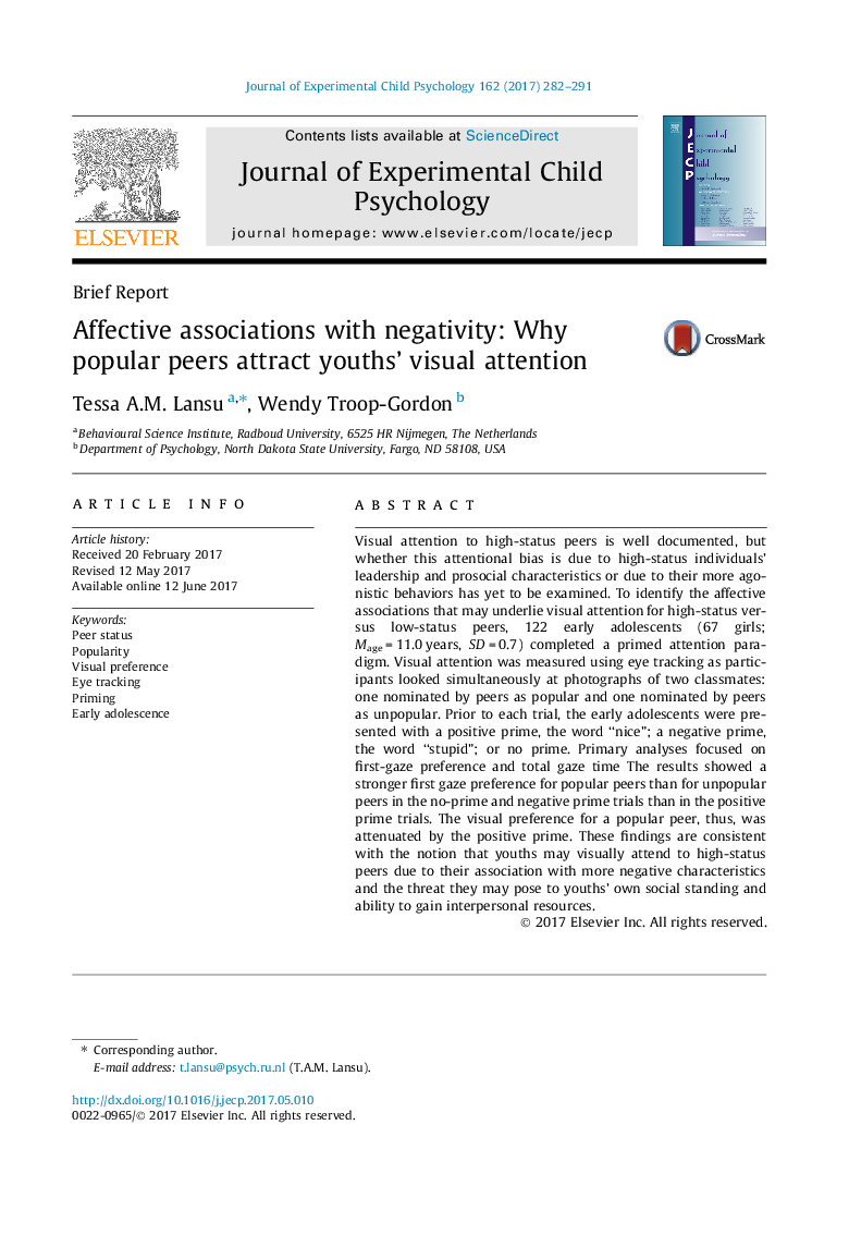 Affective associations with negativity: Why popular peers attract youths' visual attention