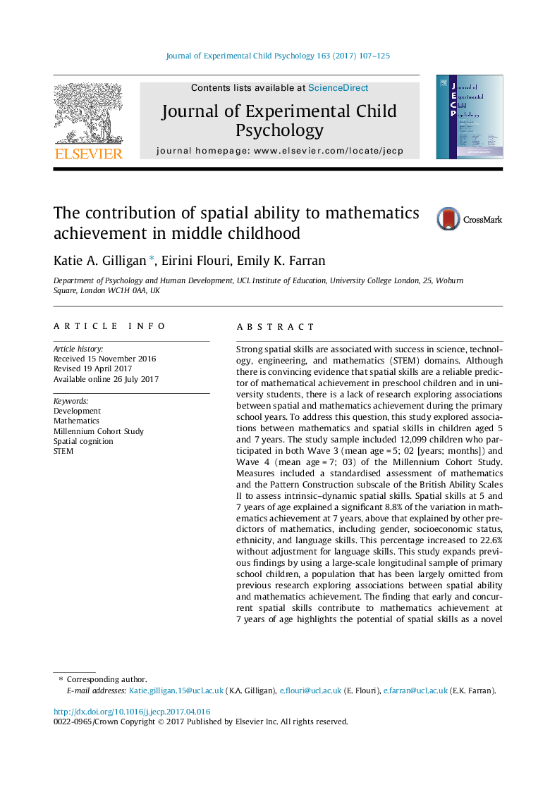 The contribution of spatial ability to mathematics achievement in middle childhood