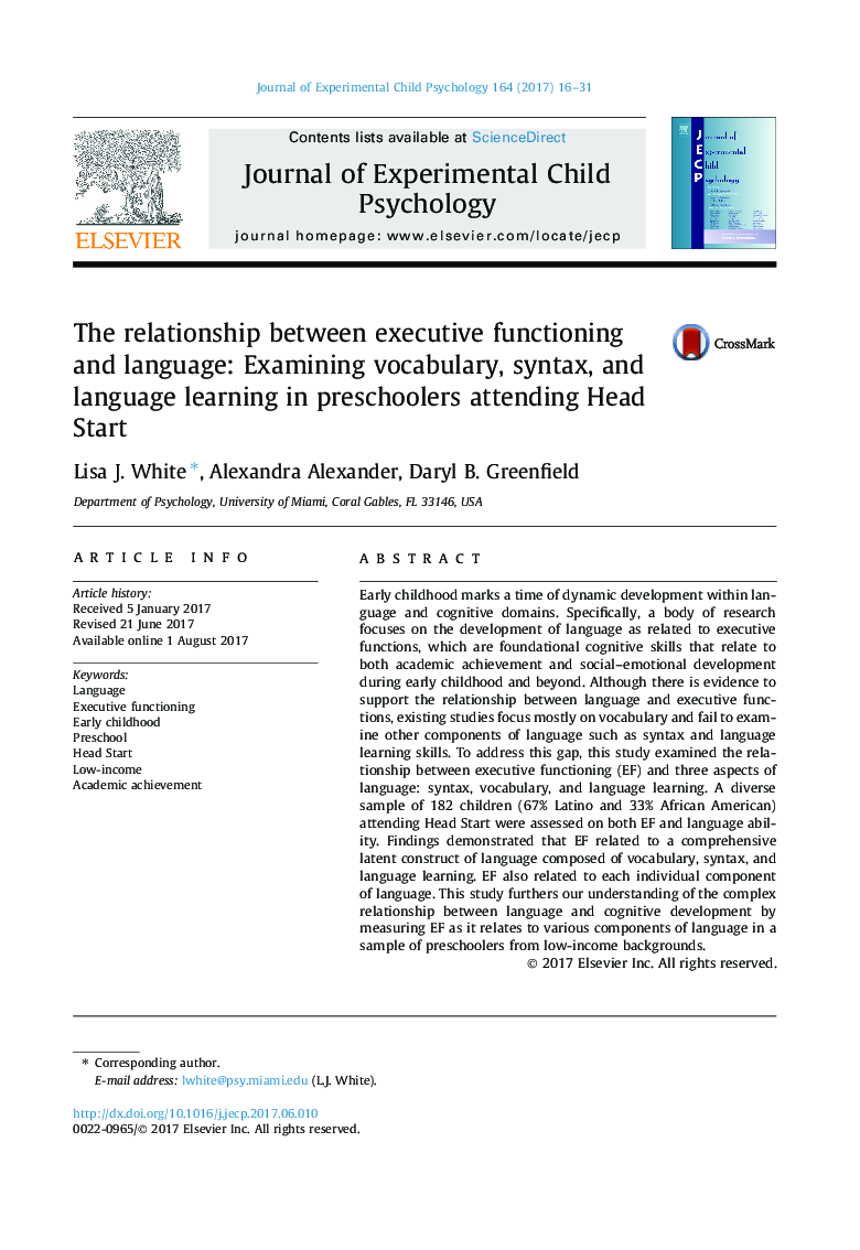 The relationship between executive functioning and language: Examining vocabulary, syntax, and language learning in preschoolers attending Head Start