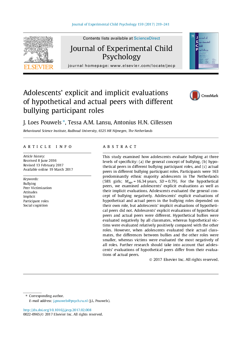 Adolescents' explicit and implicit evaluations of hypothetical and actual peers with different bullying participant roles