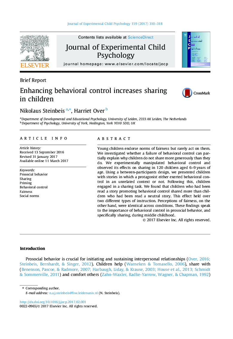 Enhancing behavioral control increases sharing in children