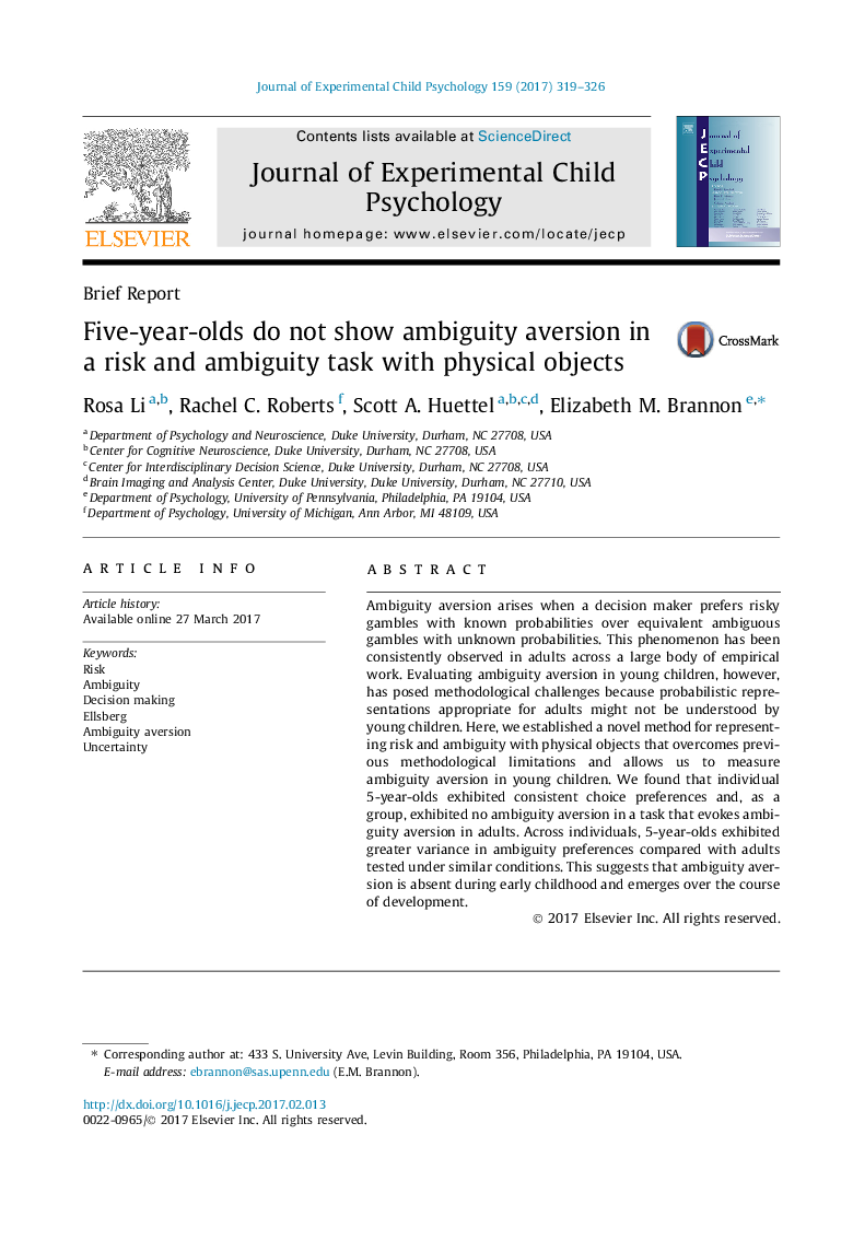 Brief ReportFive-year-olds do not show ambiguity aversion in a risk and ambiguity task with physical objects