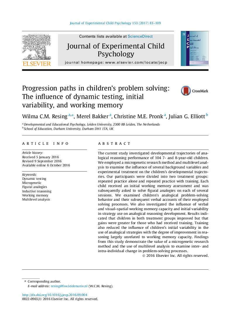 Progression paths in children's problem solving: The influence of dynamic testing, initial variability, and working memory