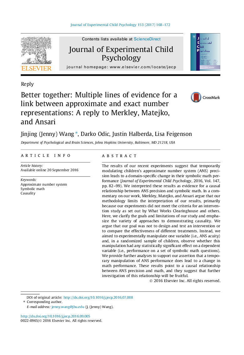 ReplyBetter together: Multiple lines of evidence for a link between approximate and exact number representations: A reply to Merkley, Matejko, and Ansari