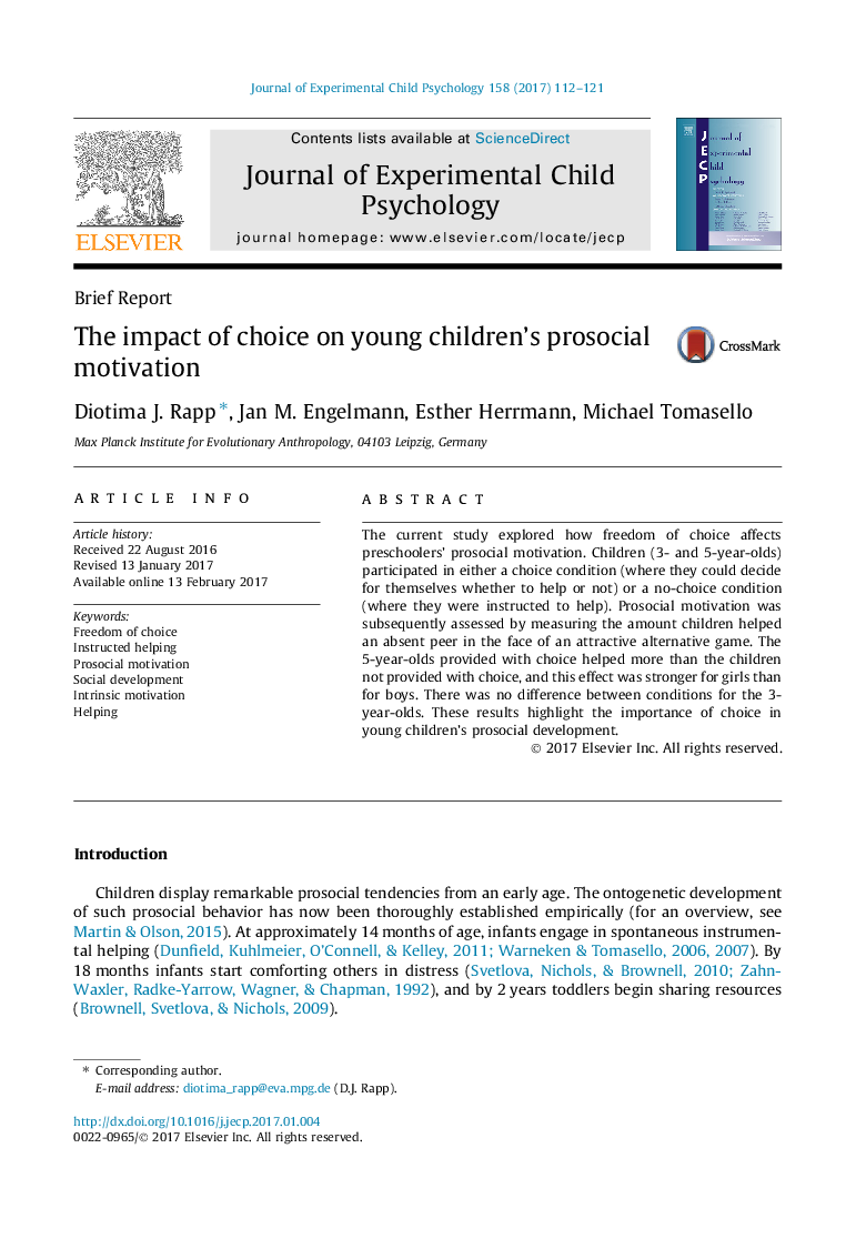 The impact of choice on young children's prosocial motivation