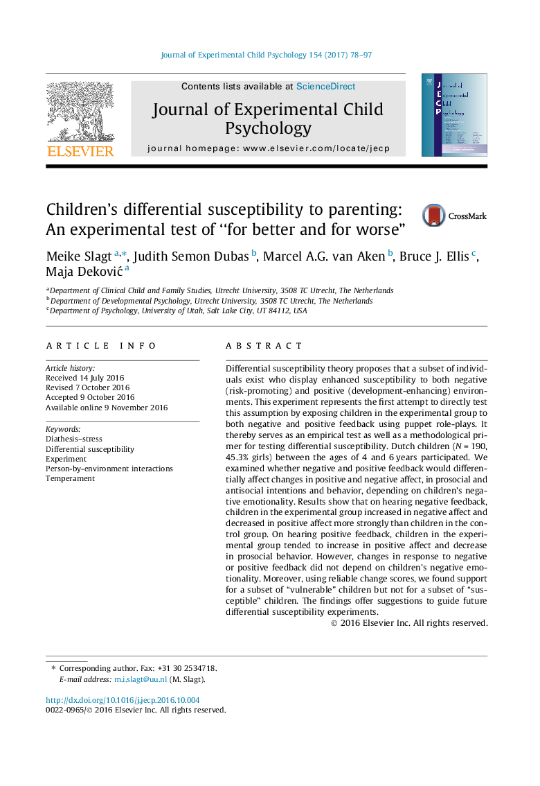 Children's differential susceptibility to parenting: An experimental test of “for better and for worse”