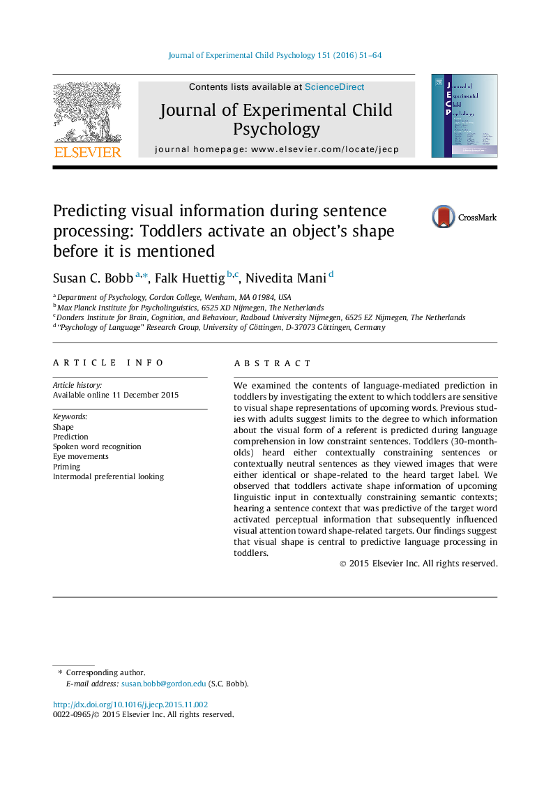 Predicting visual information during sentence processing: Toddlers activate an object's shape before it is mentioned