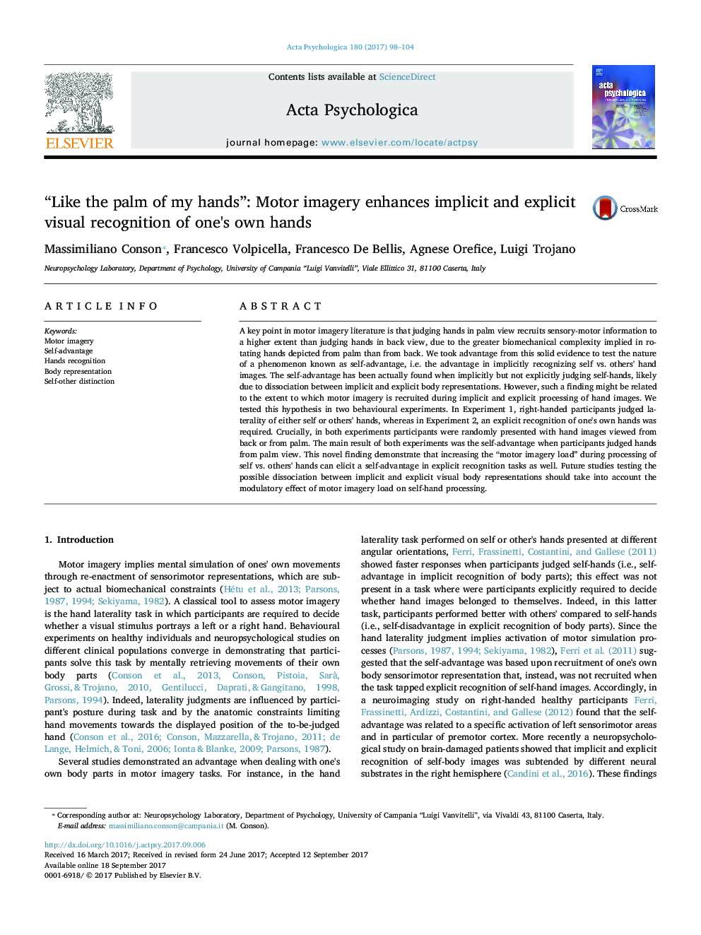 “Like the palm of my hands”: Motor imagery enhances implicit and explicit visual recognition of one's own hands