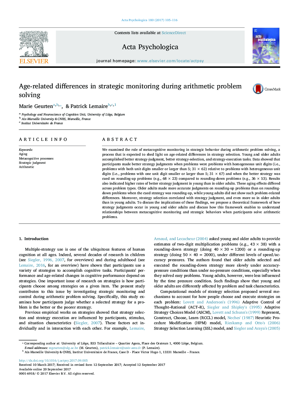 Age-related differences in strategic monitoring during arithmetic problem solving