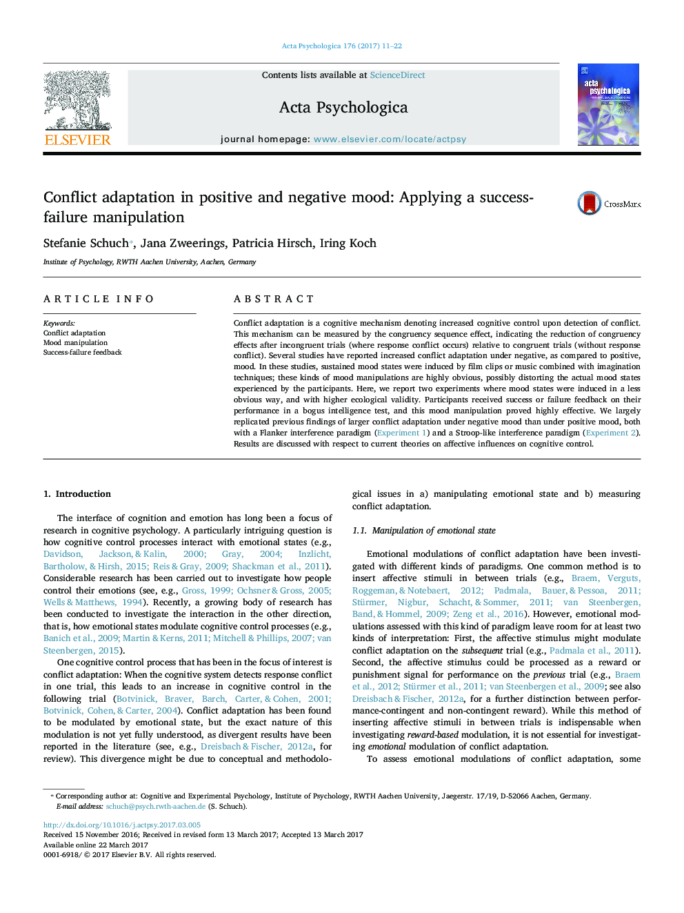 Conflict adaptation in positive and negative mood: Applying a success-failure manipulation