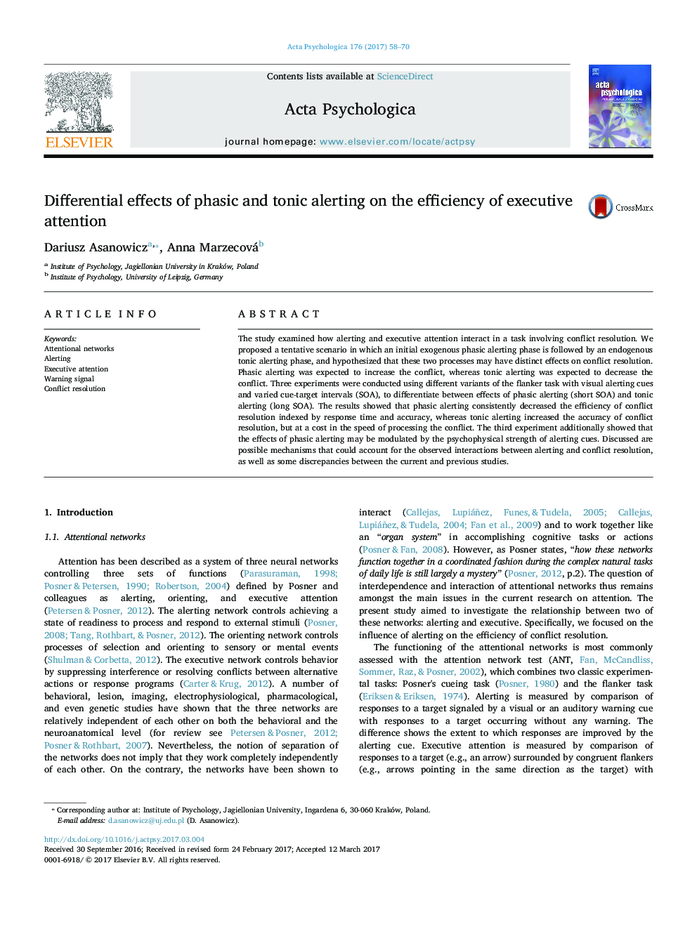 Differential effects of phasic and tonic alerting on the efficiency of executive attention