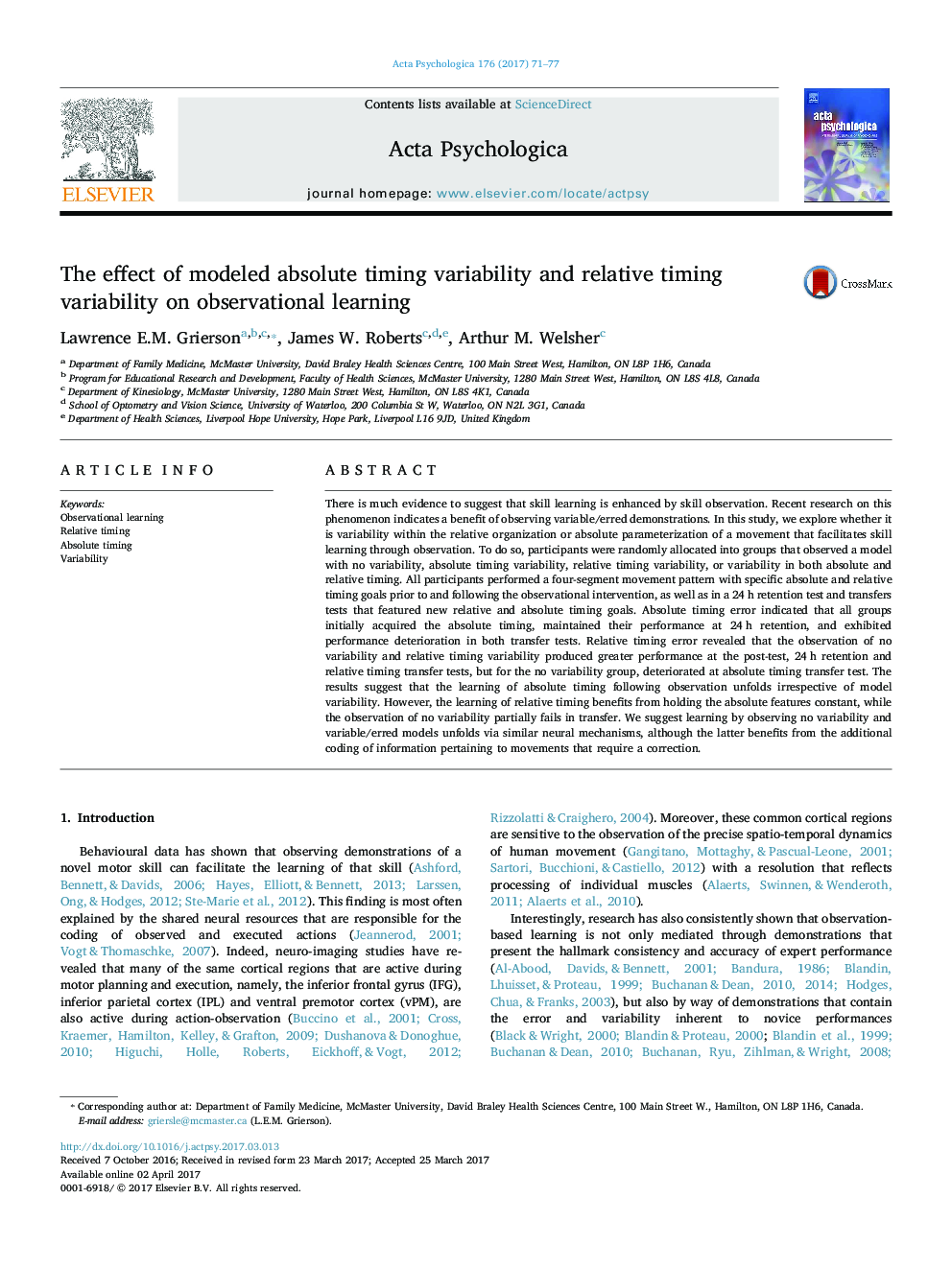 The effect of modeled absolute timing variability and relative timing variability on observational learning