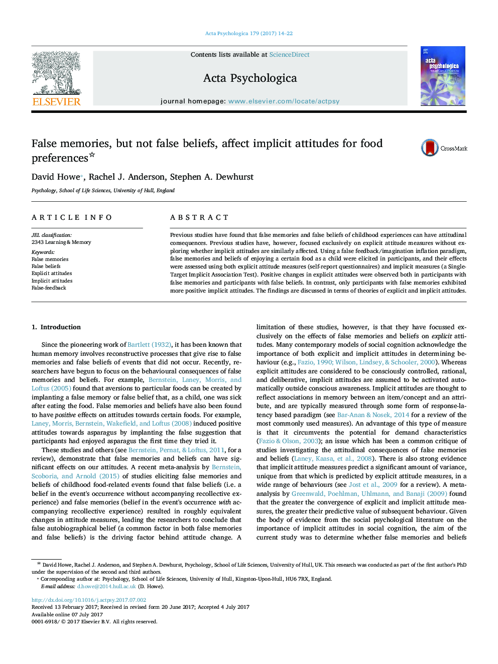 False memories, but not false beliefs, affect implicit attitudes for food preferences