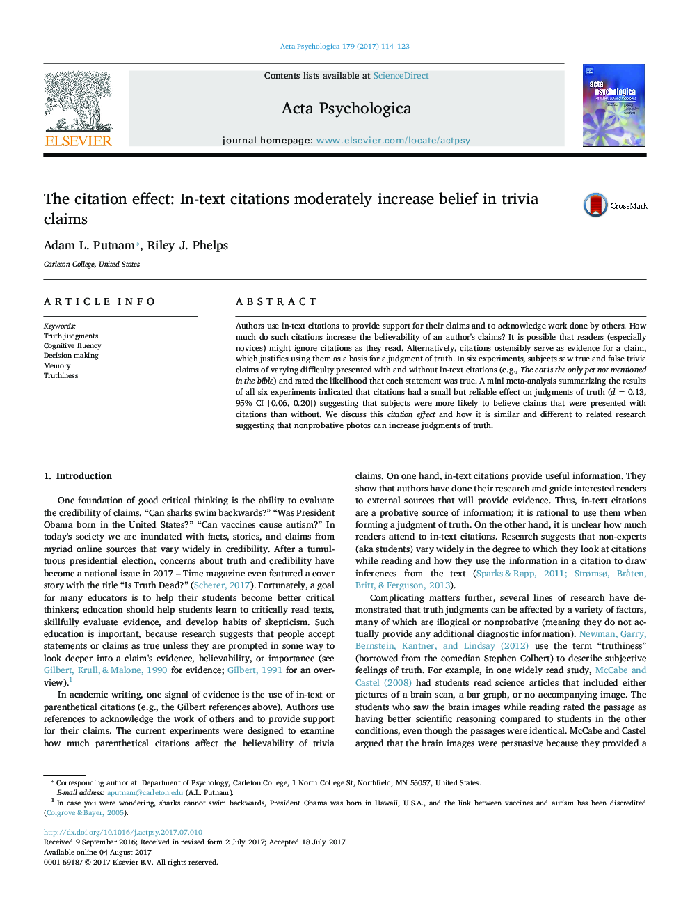 The citation effect: In-text citations moderately increase belief in trivia claims