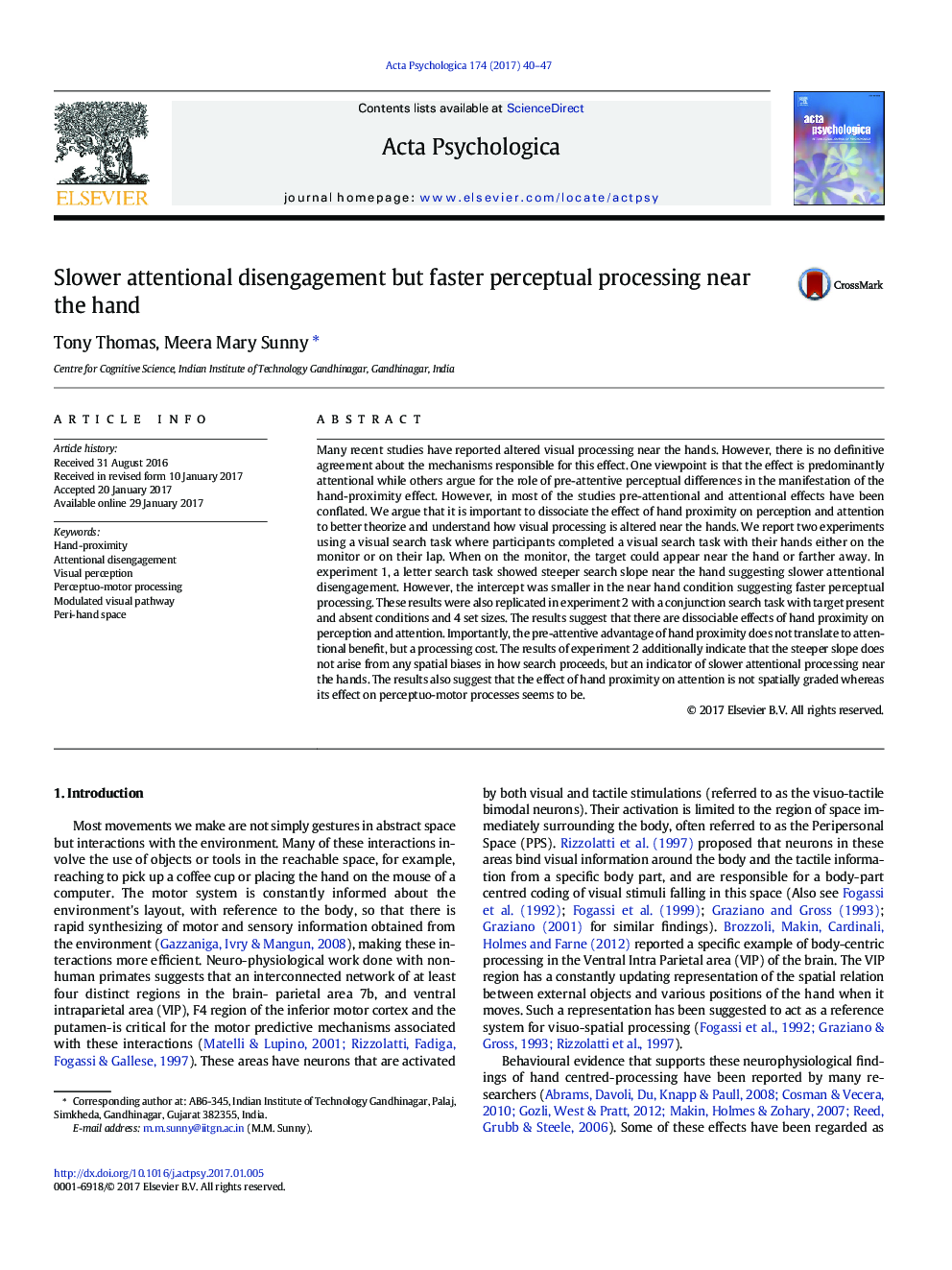 Slower attentional disengagement but faster perceptual processing near the hand