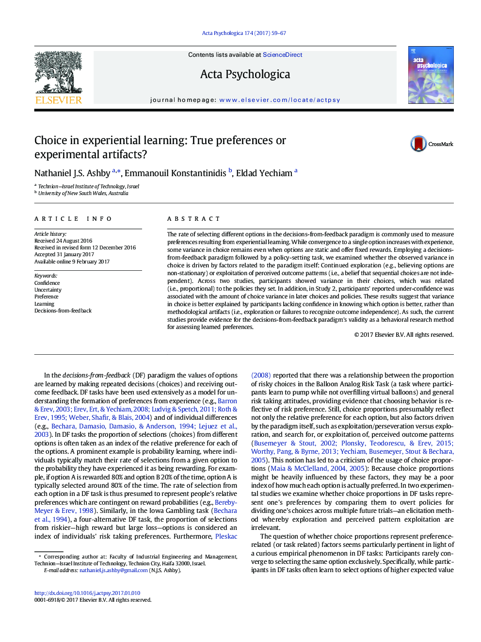 Choice in experiential learning: True preferences or experimental artifacts?