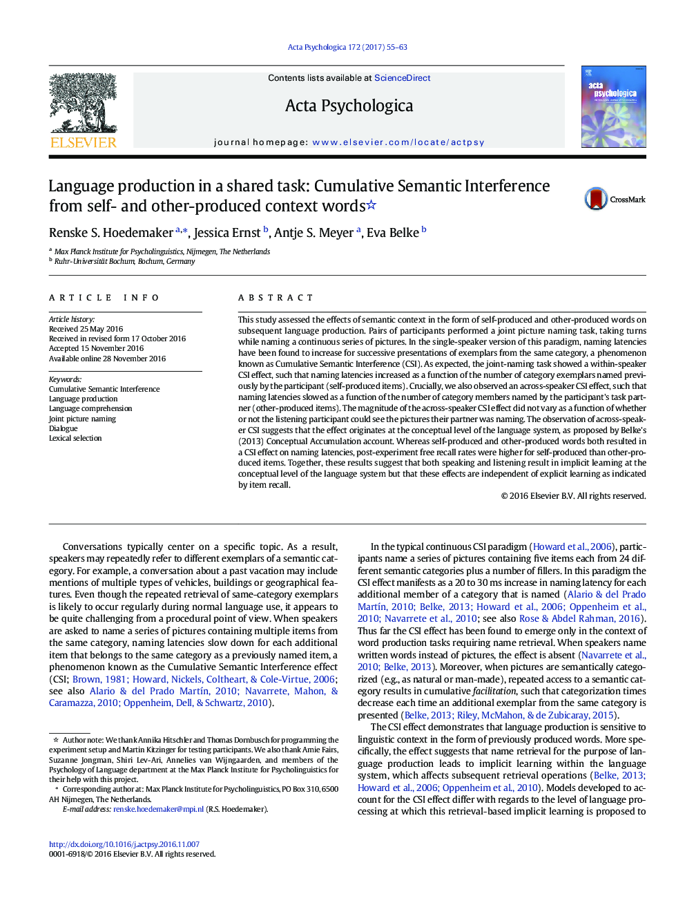 Language production in a shared task: Cumulative Semantic Interference from self- and other-produced context words