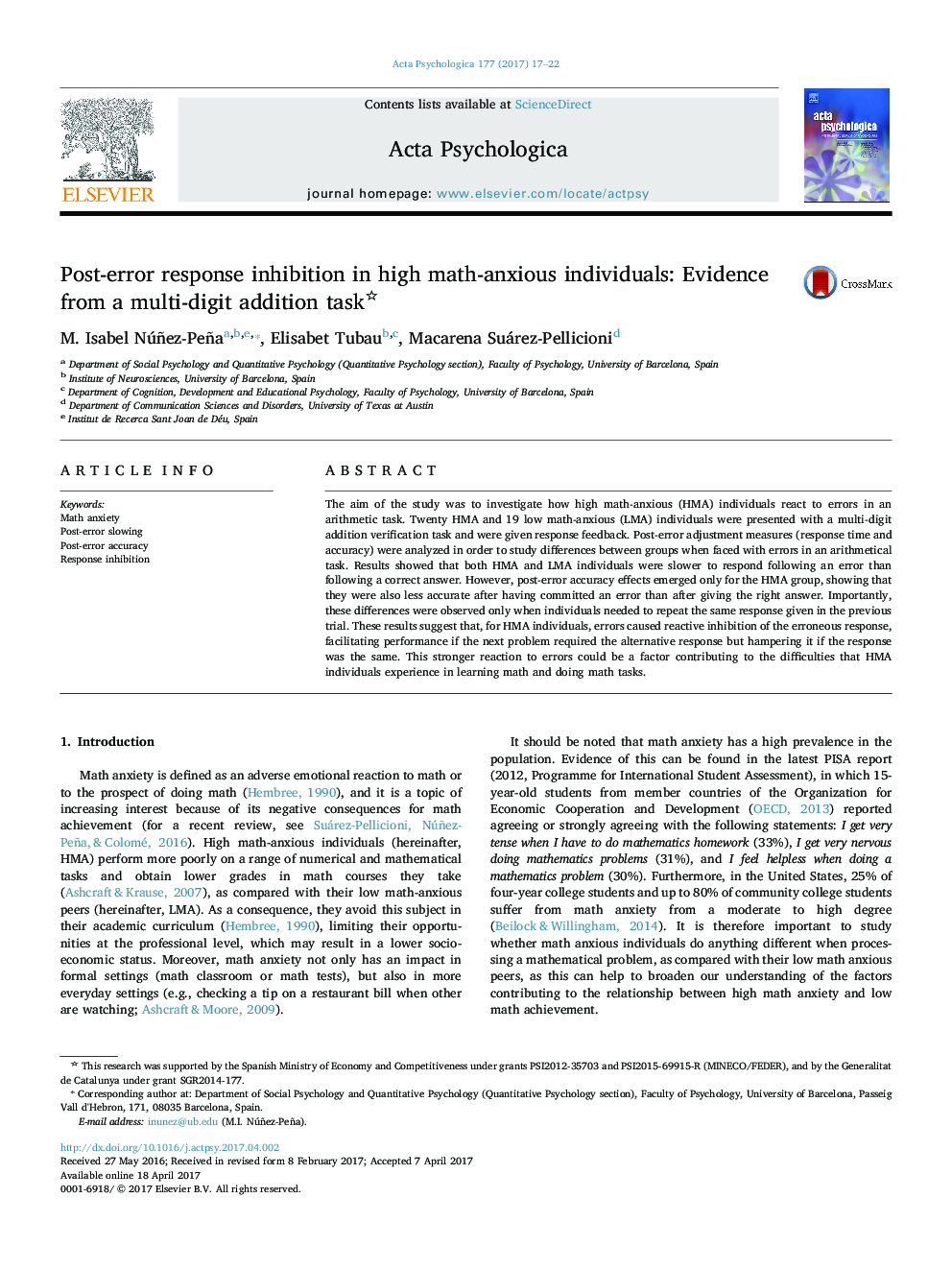 Post-error response inhibition in high math-anxious individuals: Evidence from a multi-digit addition task