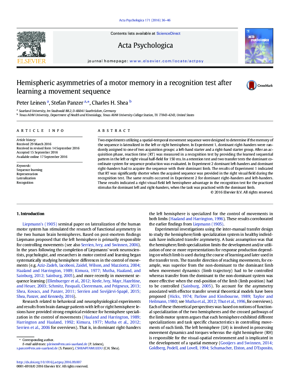 Hemispheric asymmetries of a motor memory in a recognition test after learning a movement sequence