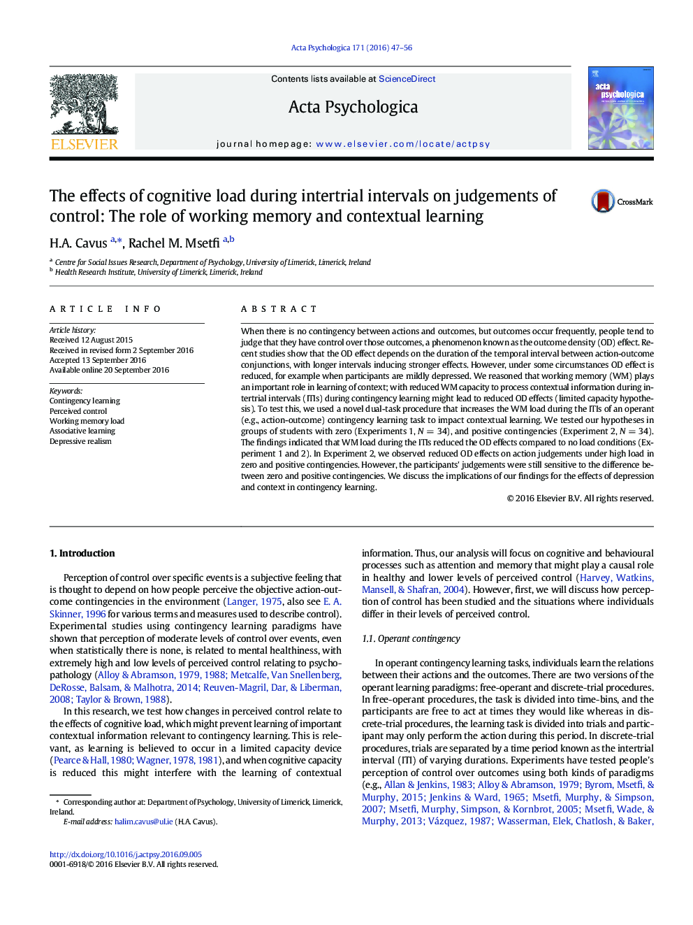 The effects of cognitive load during intertrial intervals on judgements of control: The role of working memory and contextual learning