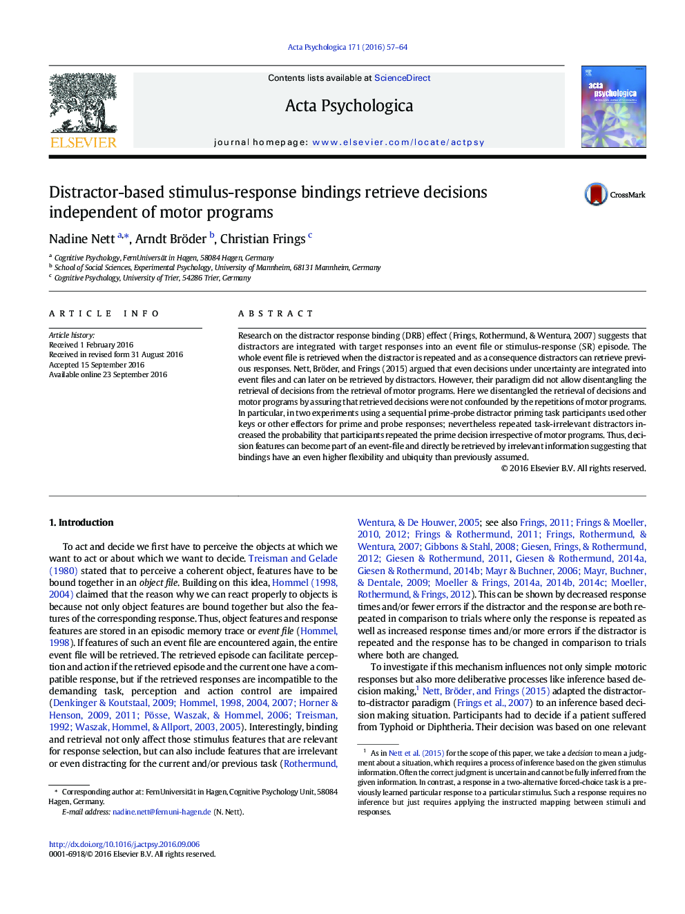 Distractor-based stimulus-response bindings retrieve decisions independent of motor programs