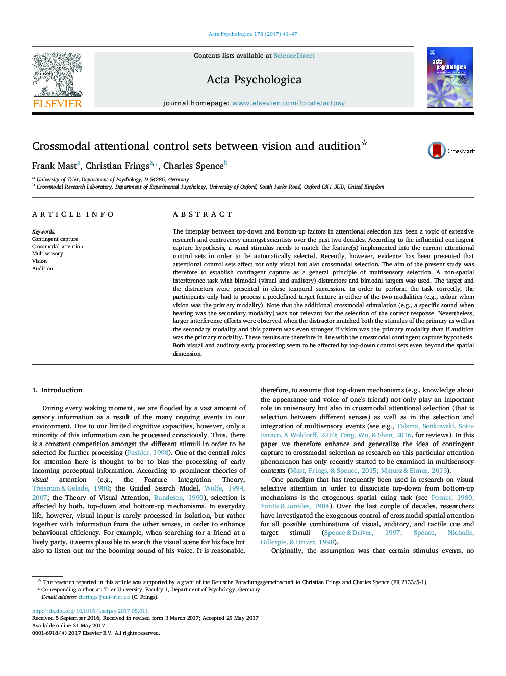 Crossmodal attentional control sets between vision and audition