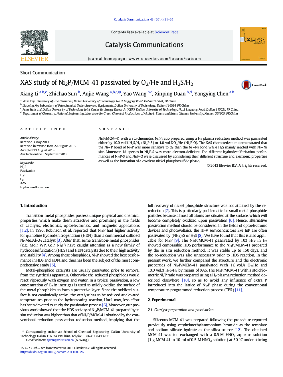 XAS study of Ni2P/MCM-41 passivated by O2/He and H2S/H2