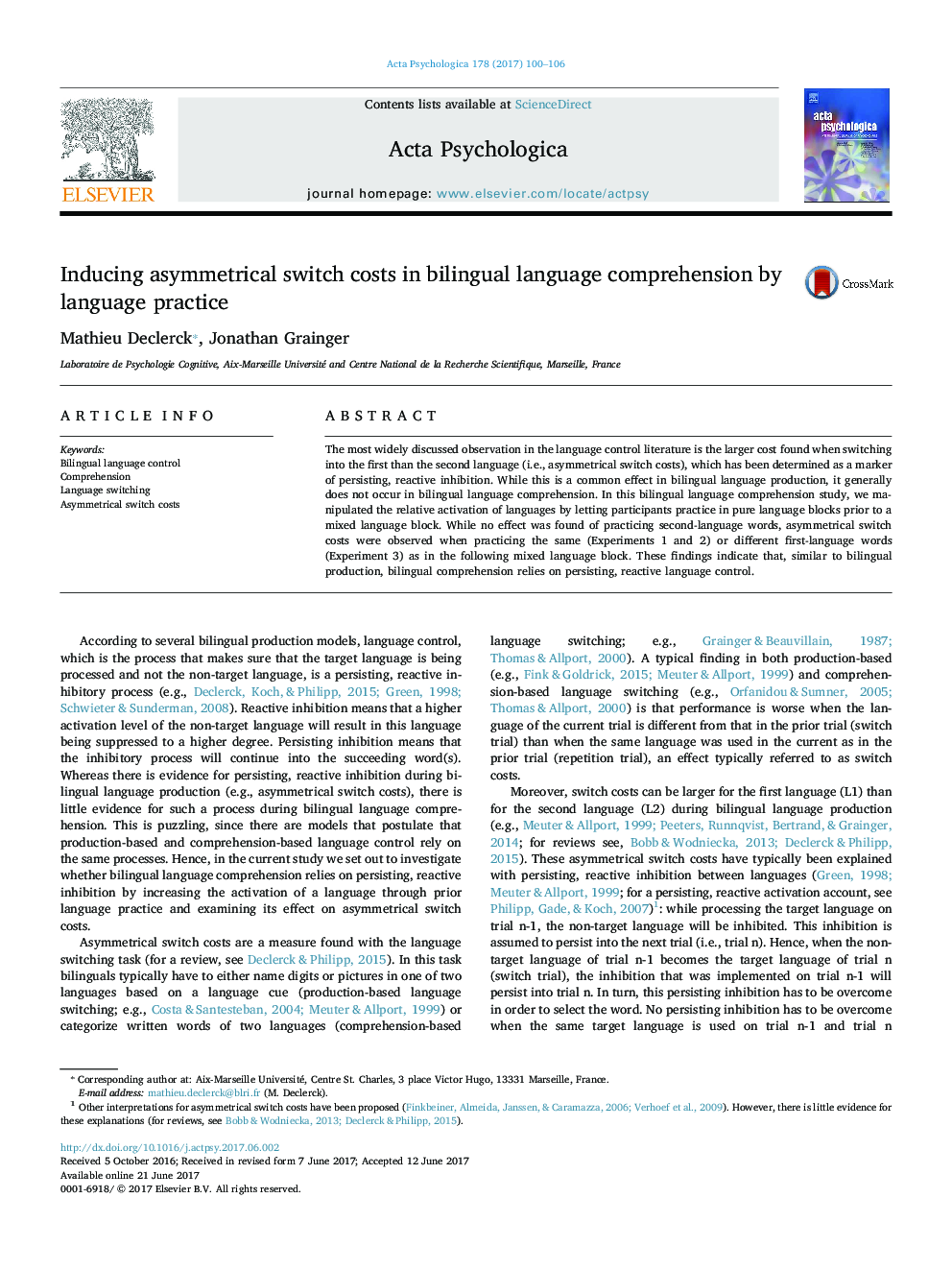 Inducing asymmetrical switch costs in bilingual language comprehension by language practice