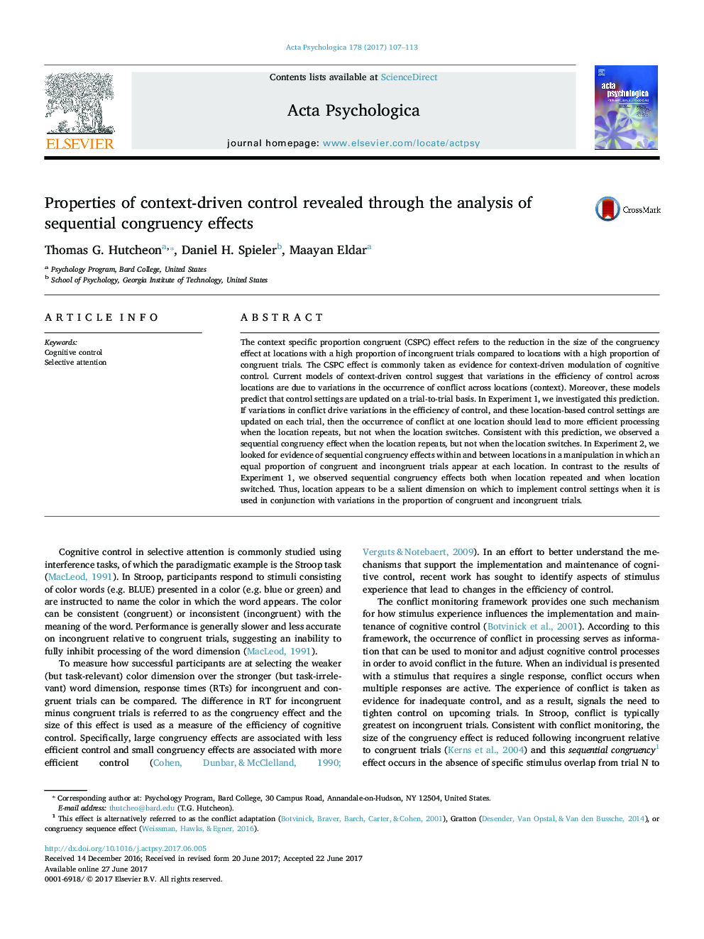 Properties of context-driven control revealed through the analysis of sequential congruency effects