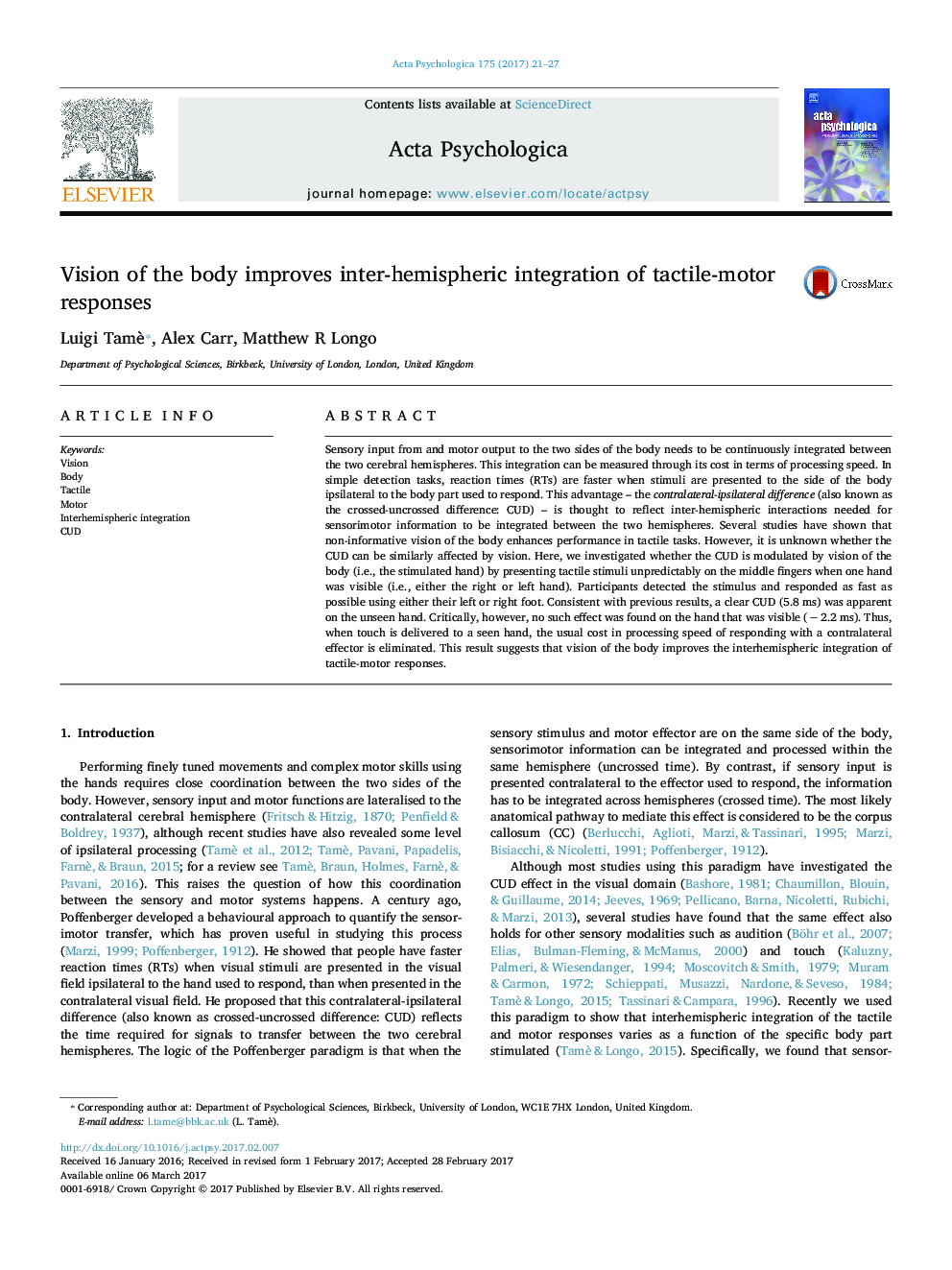 Vision of the body improves inter-hemispheric integration of tactile-motor responses