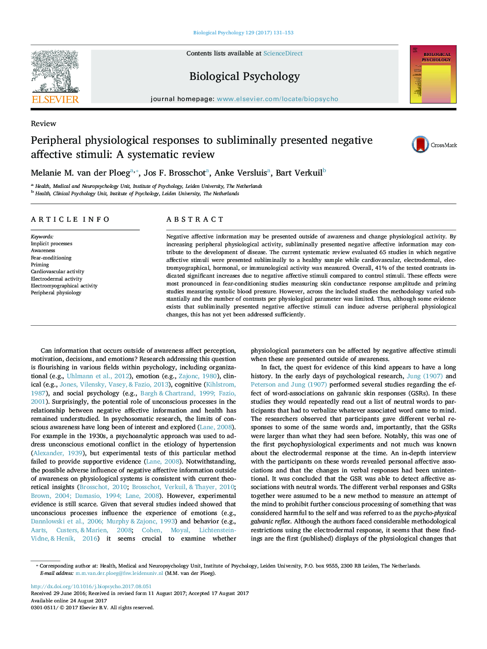 Peripheral physiological responses to subliminally presented negative affective stimuli: A systematic review