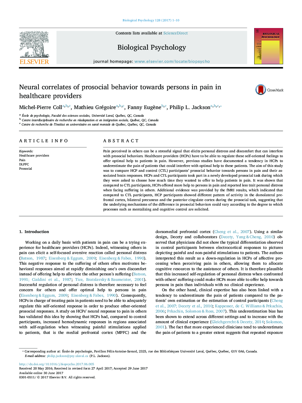 Neural correlates of prosocial behavior towards persons in pain in healthcare providers