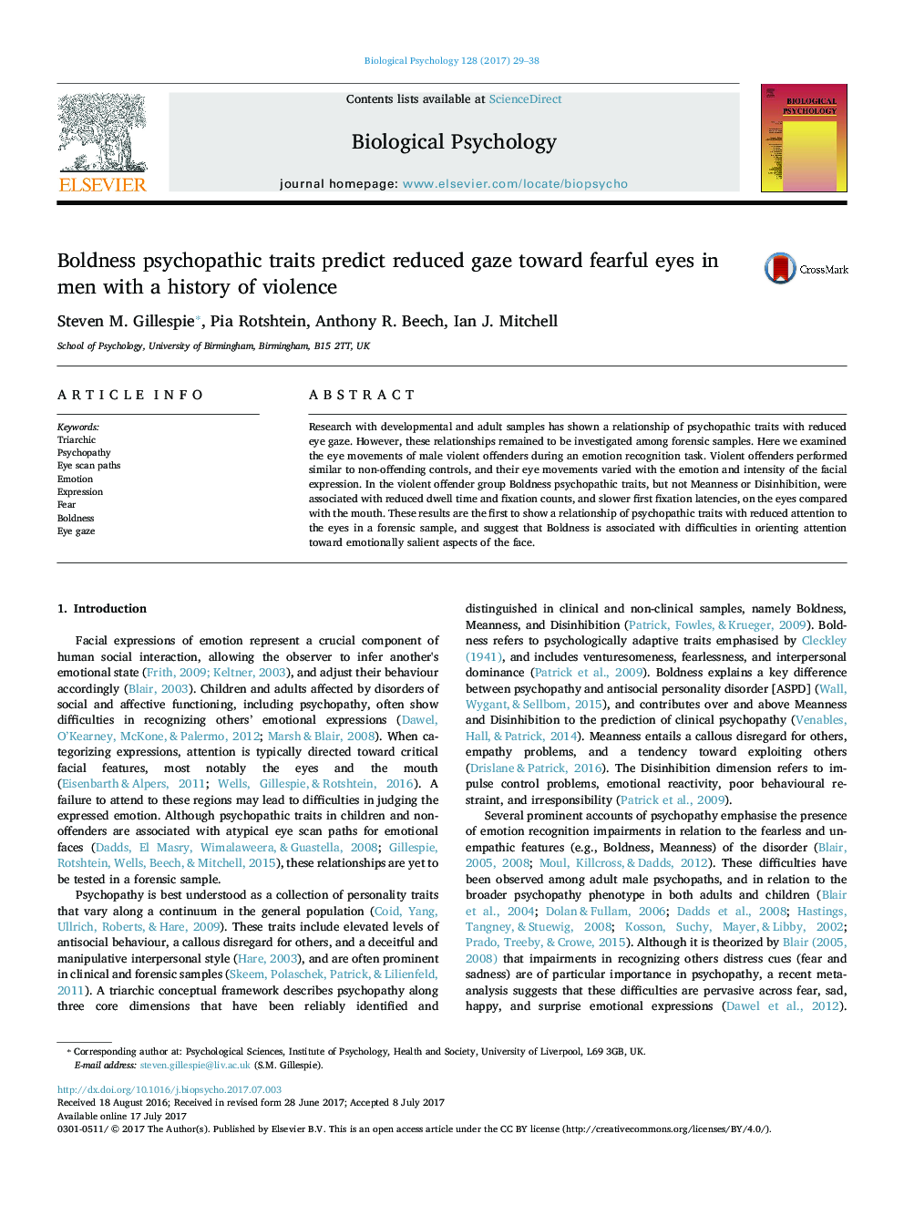 Boldness psychopathic traits predict reduced gaze toward fearful eyes in men with a history of violence