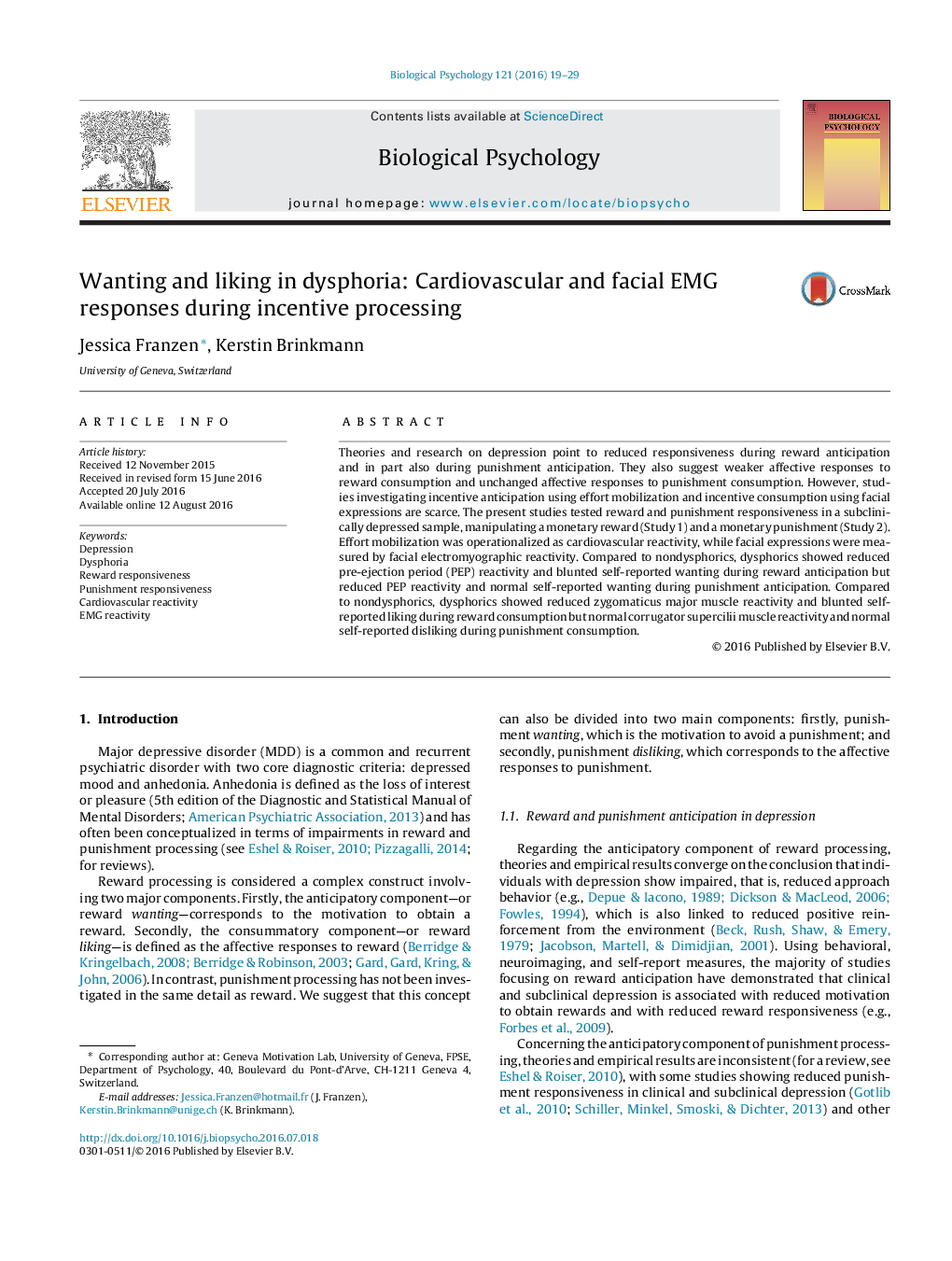 Wanting and liking in dysphoria: Cardiovascular and facial EMG responses during incentive processing