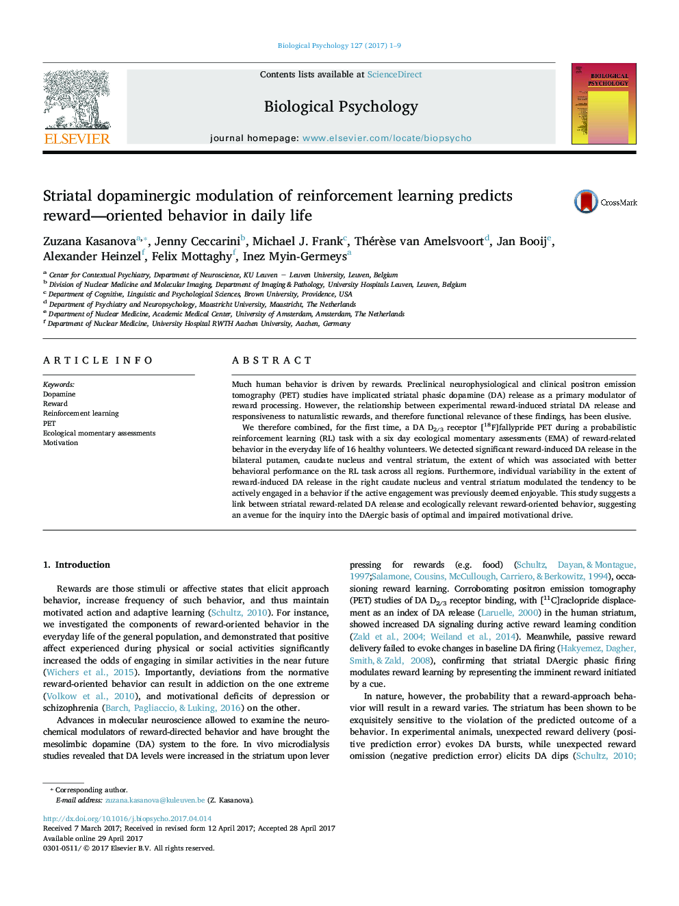 Striatal dopaminergic modulation of reinforcement learning predicts reward-oriented behavior in daily life