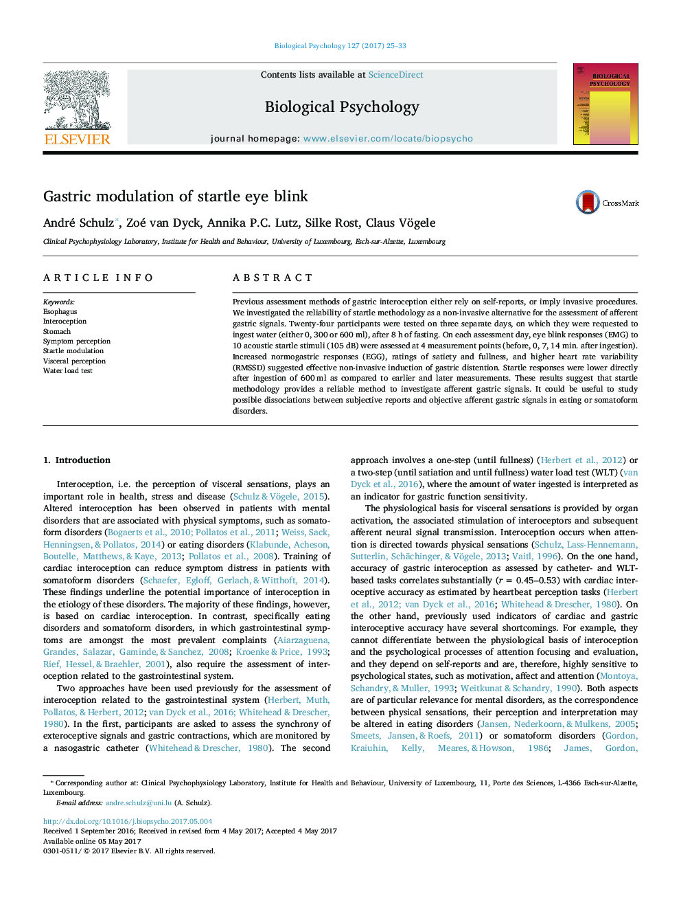 Gastric modulation of startle eye blink