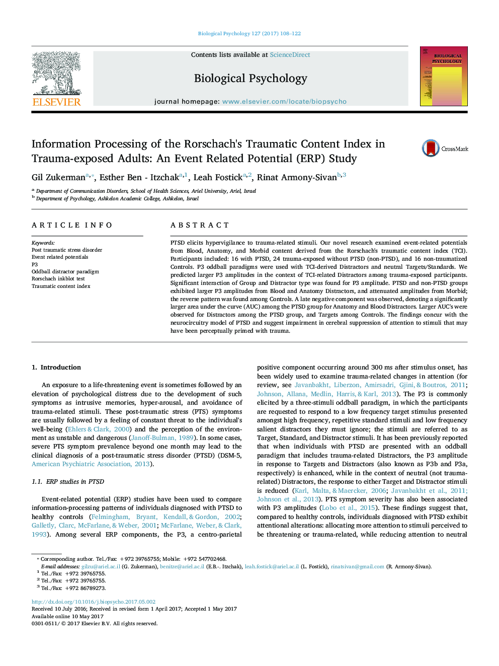 Information Processing of the Rorschach's Traumatic Content Index in Trauma-exposed Adults: An Event Related Potential (ERP) Study